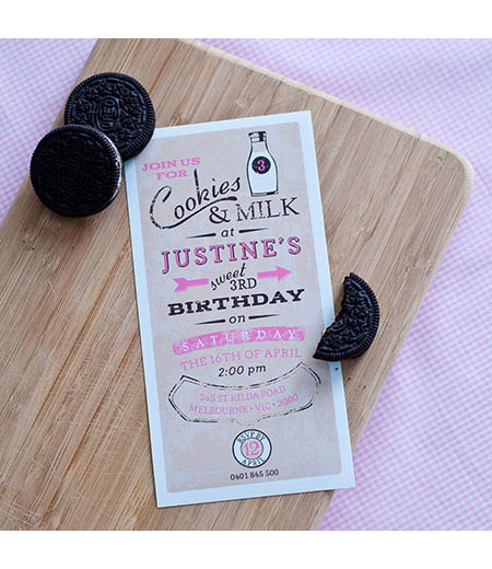Vintage Milk and Cookies Birthday Party Printable 4x8 Invitation - Pink